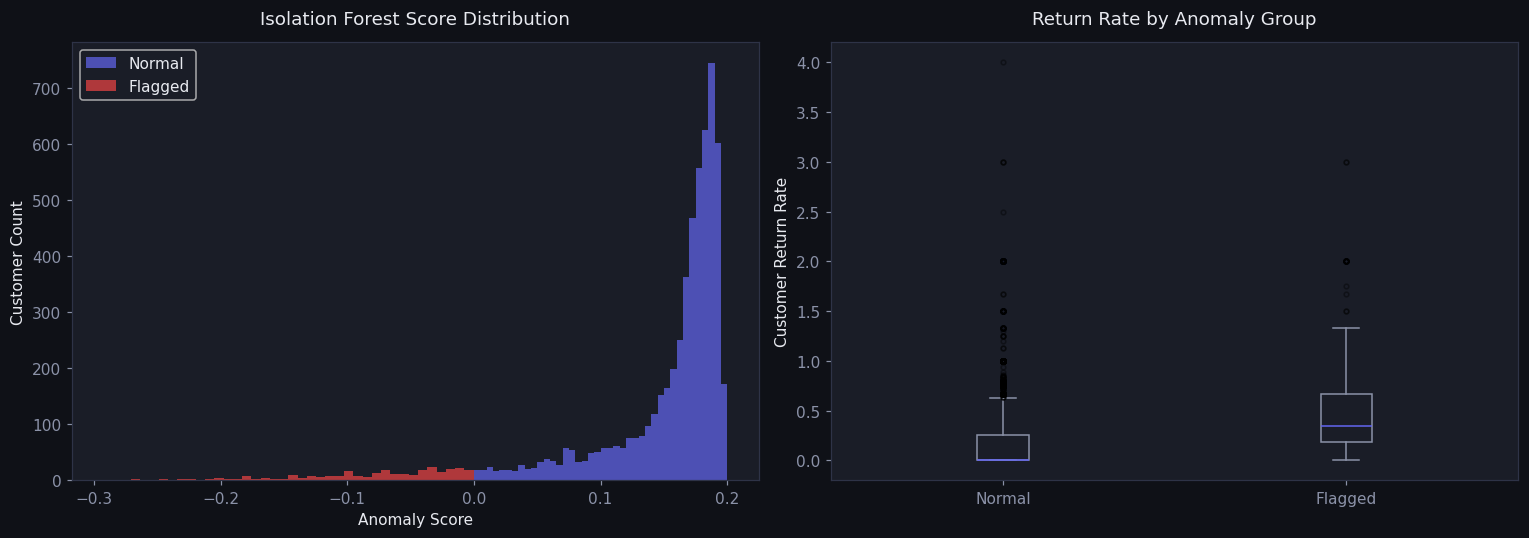 Isolation Forest score distribution and return rate by anomaly group